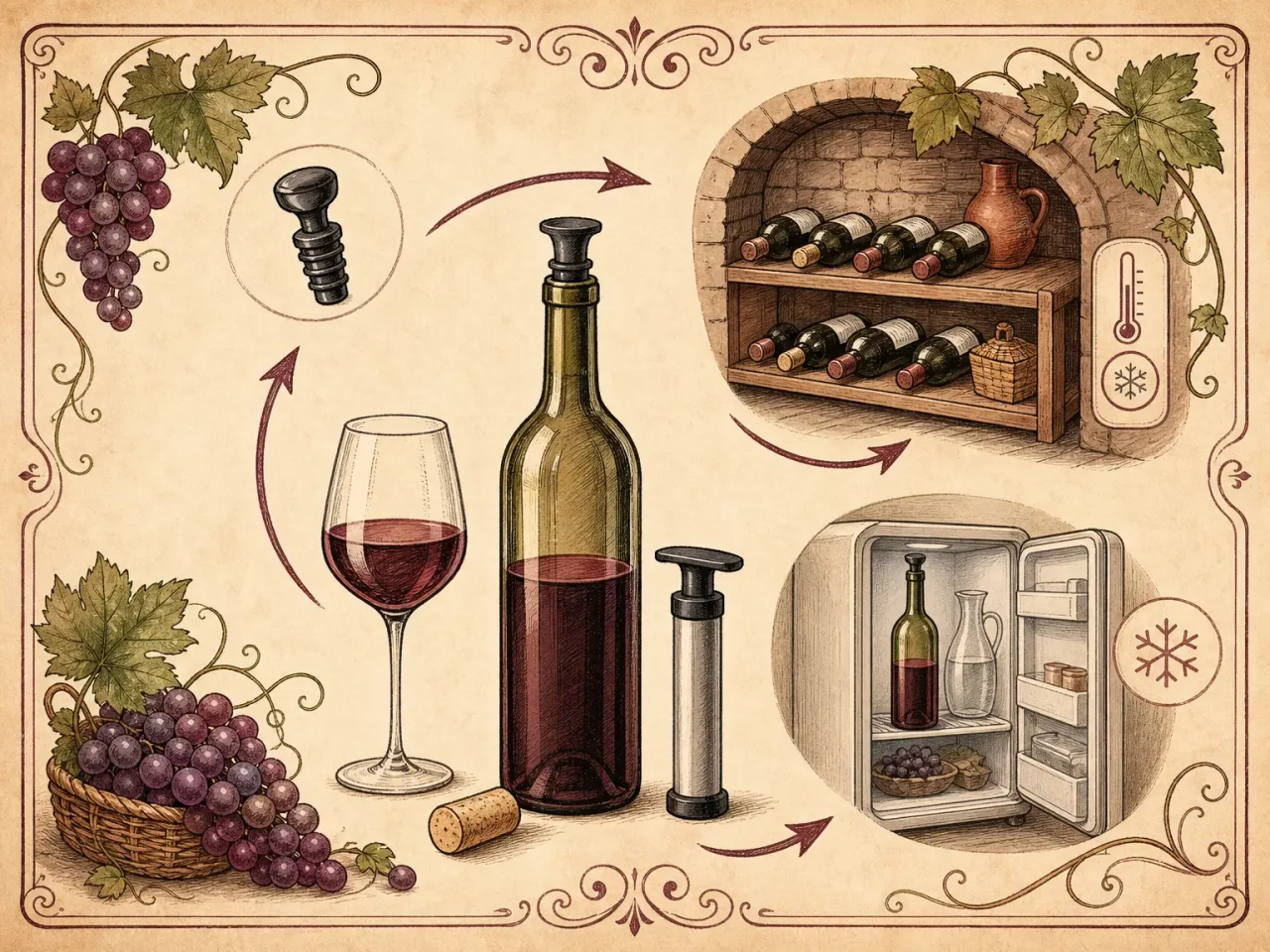 Hand-drawn open wine bottle storage guide with stopper, preservation pump, fridge, and cellar shelf