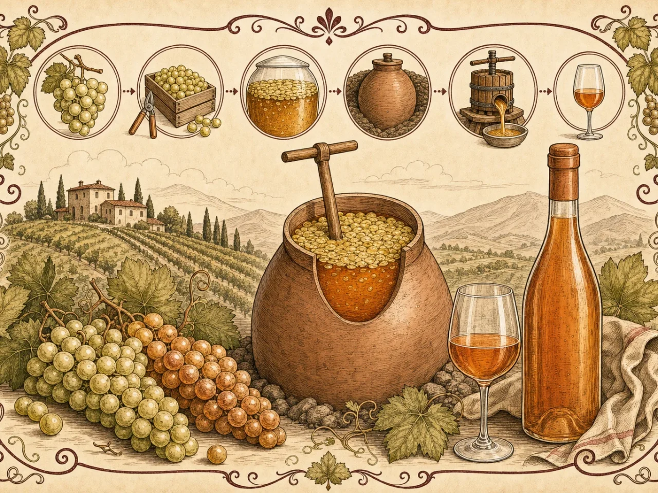 Illustrated guide showing how orange wine is made, white grapes fermented on their skins into amber wine