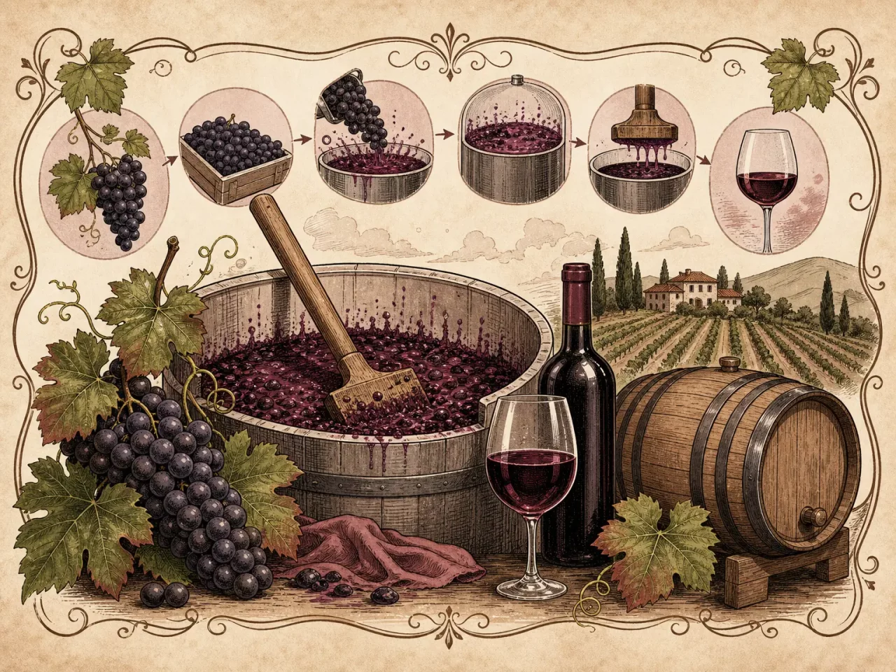 Hand-drawn red wine production guide with dark grapes, fermenter, barrel, and glass