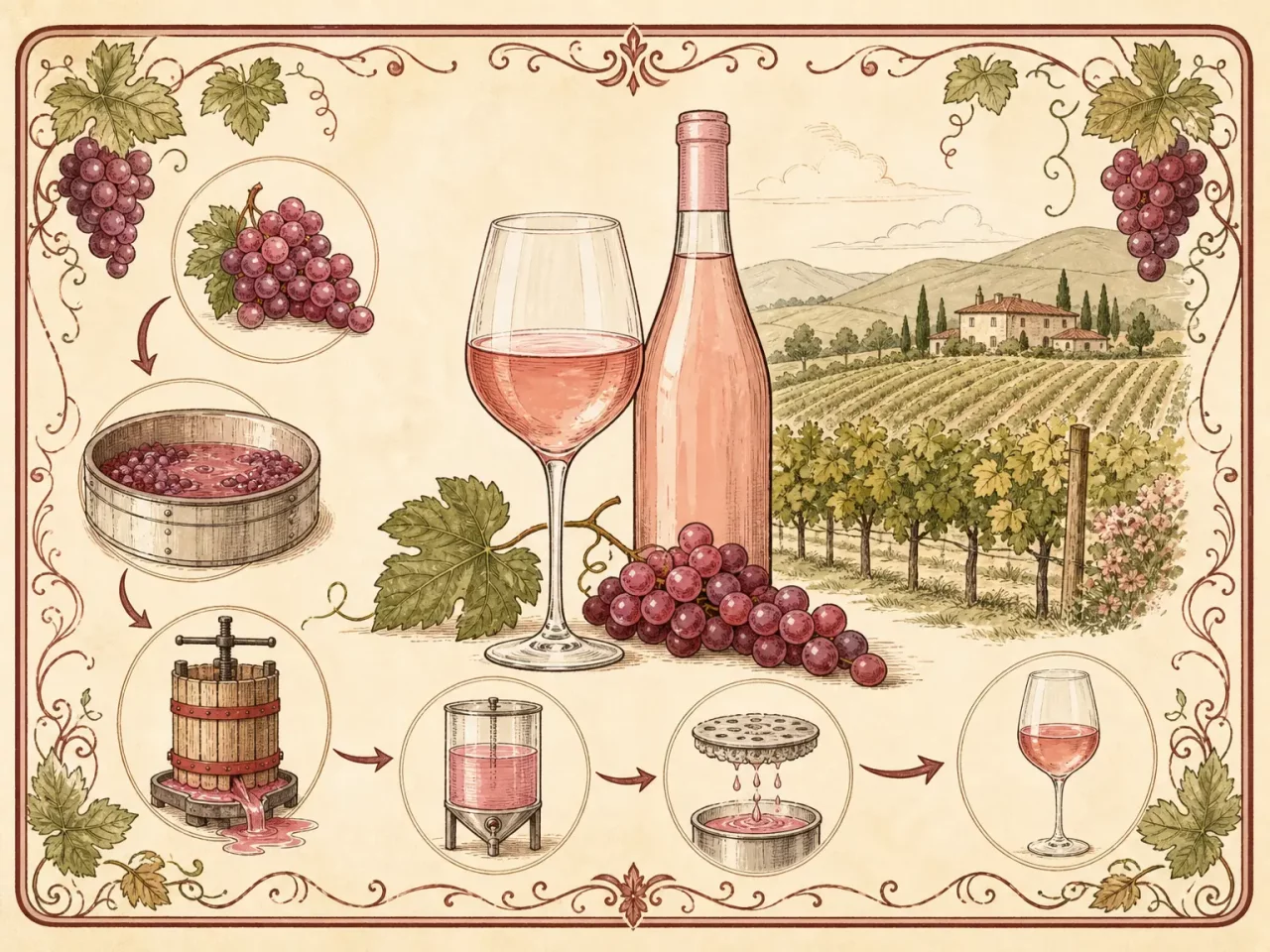 Hand-drawn rose wine production guide with pink wine glass, grapes, press, and vineyard