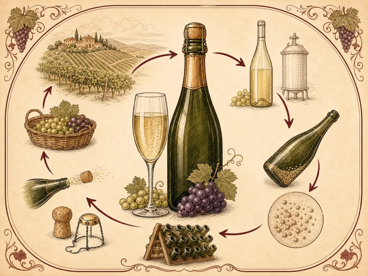 Hand-drawn sparkling wine production guide with bottle, flute, bubbles, grapes, and cellar rack