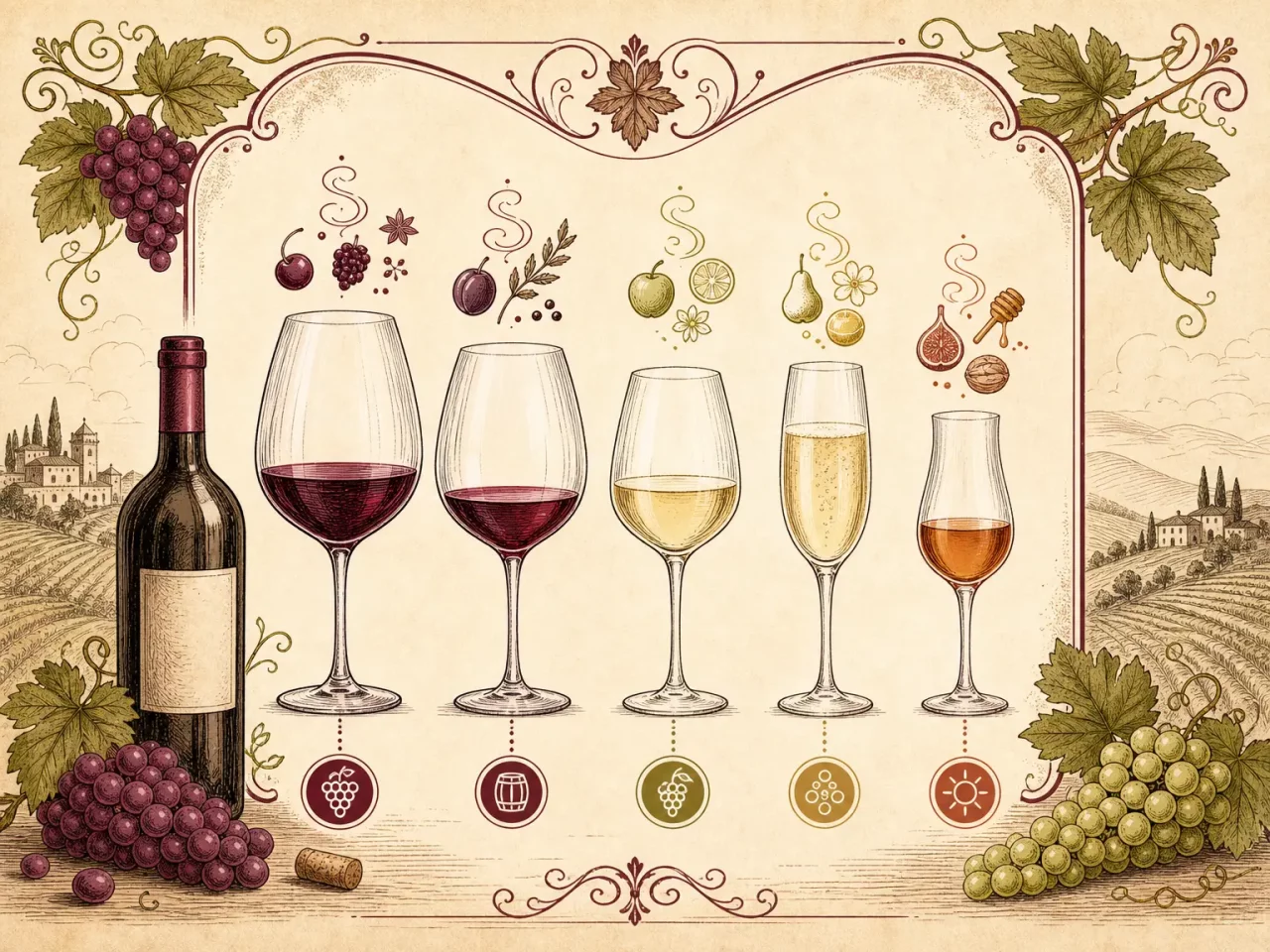 Hand-drawn wine glass selection guide with different glass shapes, bottle, grapes, and aroma icons