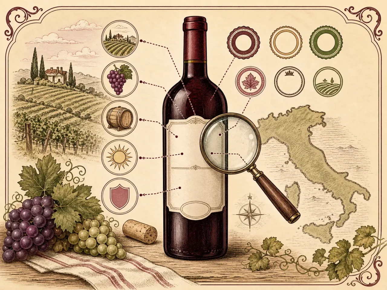 Hand-drawn Italian wine label guide with bottle, magnifying glass, seals, Italy map, and grapes