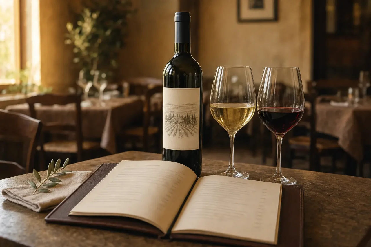 Labelled Italian wine bottle, wine list and two glasses on a warmly lit restaurant table