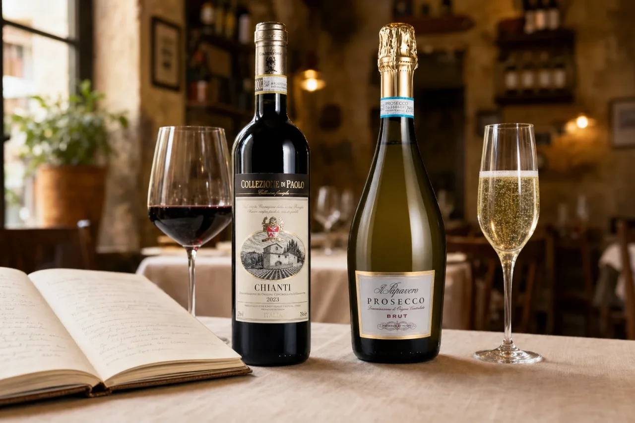 Collezione di Paolo Chianti and Il Papavero Prosecco beside an open wine list