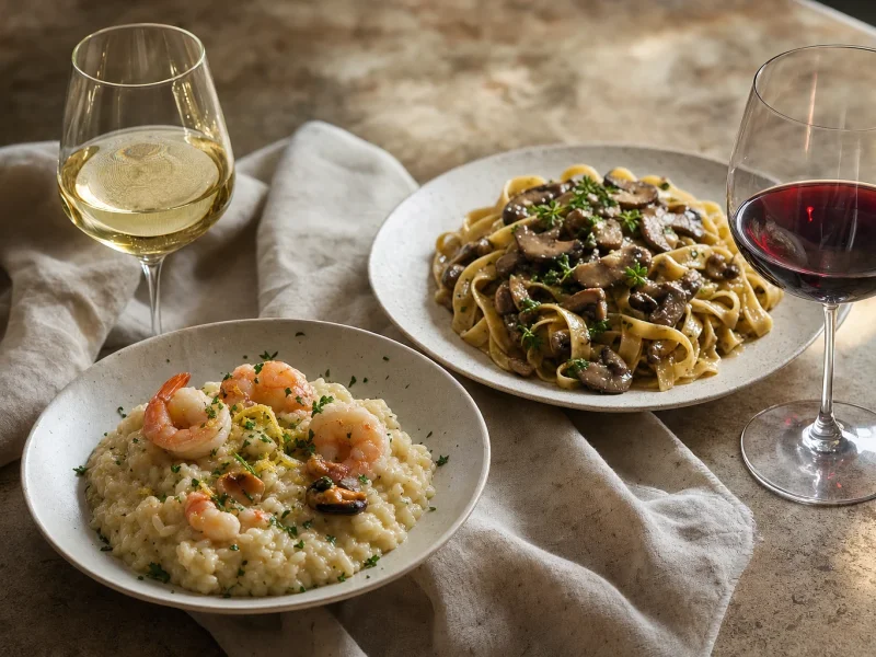 Seafood risotto and mushroom pasta paired with pale white and ruby Italian wines