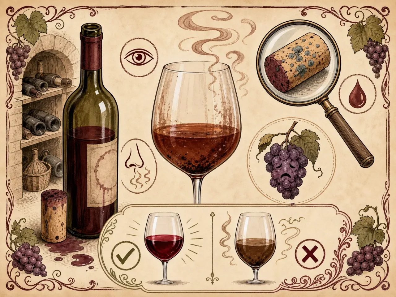 Hand-drawn spoiled wine guide with cloudy glass, stained cork, smell swirl, and good-bad symbols