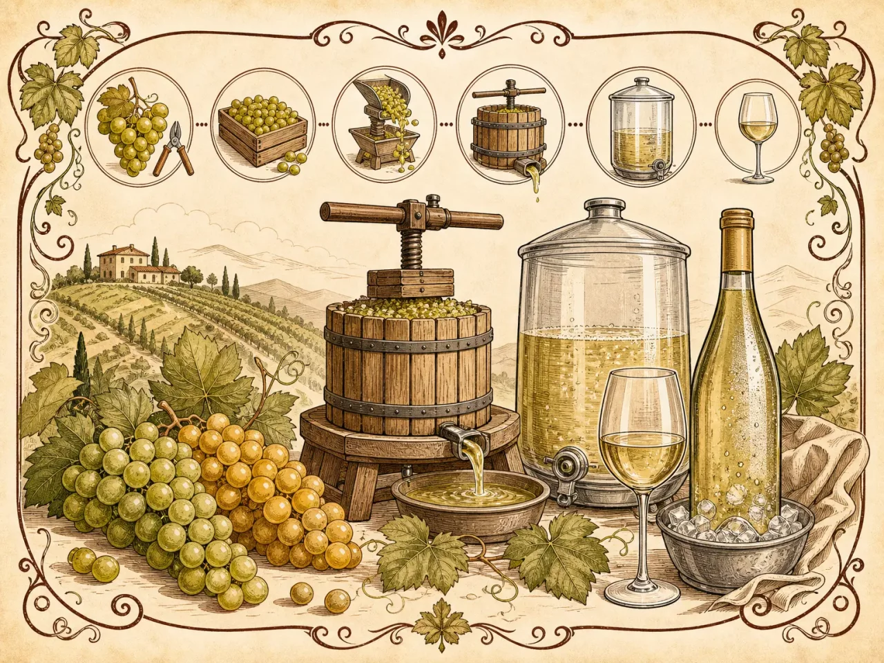 Hand-drawn white wine production guide with golden grapes, press, bottle, and glass