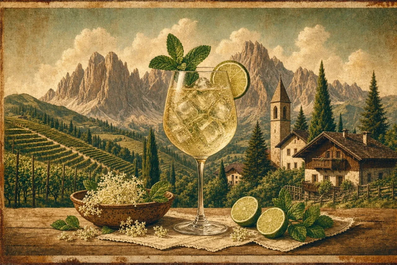Illustrated Hugo Spritz in a stemmed glass with mint and lime against Alto Adige alpine vineyards