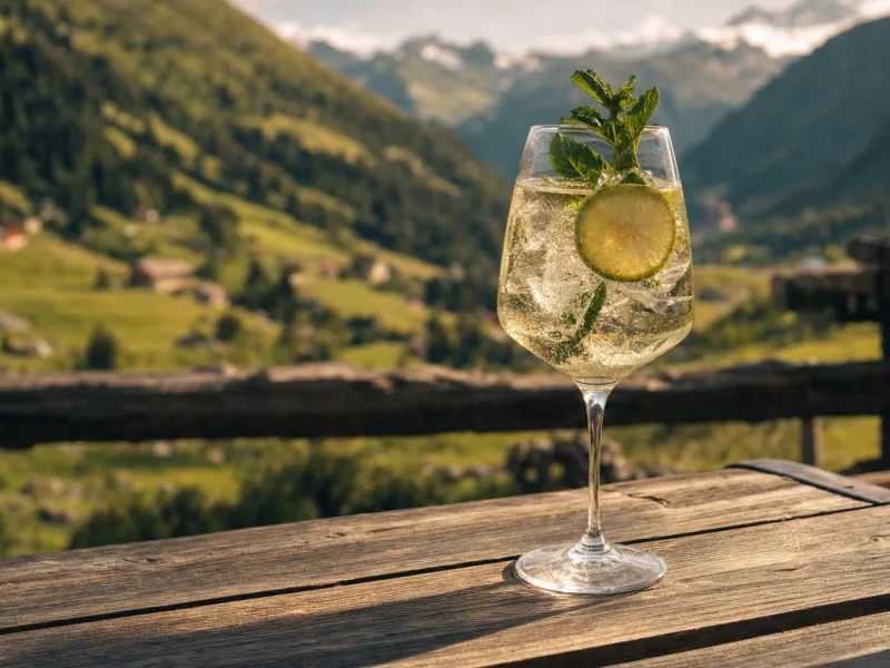 Hugo Spritz over ice in a large stemmed wine glass with fresh mint and a lime slice