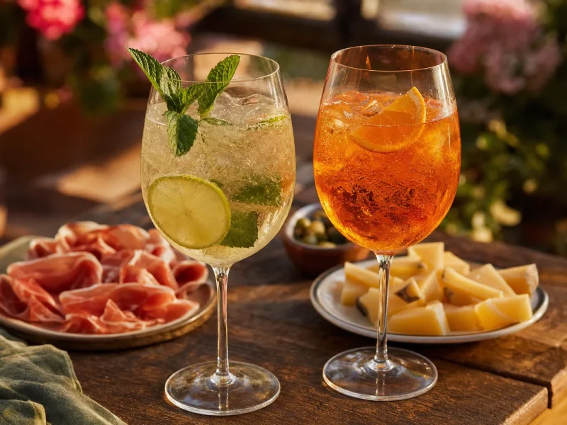 Pale Hugo Spritz beside an orange Aperol Spritz on an aperitivo table