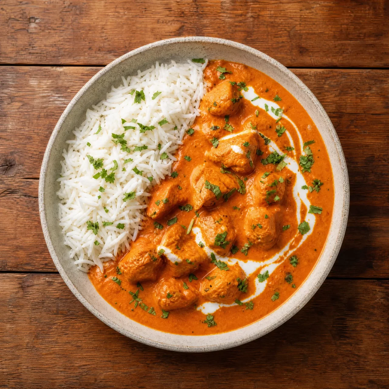 Indian butter chicken with basmati rice and coriander on a wooden table