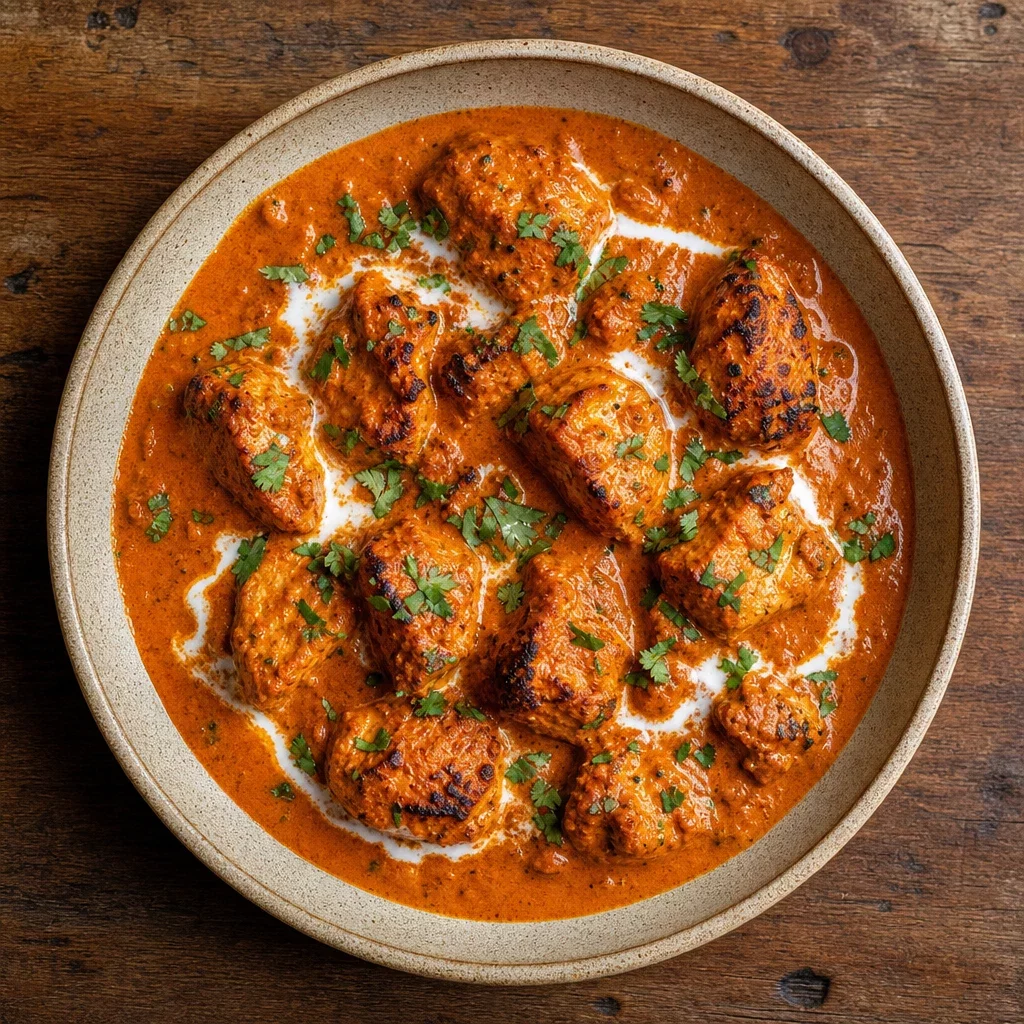 Indian Cuisine Curries featuring Chicken tikka masala, overhead plated dish