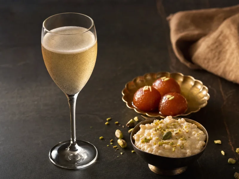 A chilled glass of frothy Moscato d'Asti next to gulab jamun in syrup and a bowl of kheer with pistachio