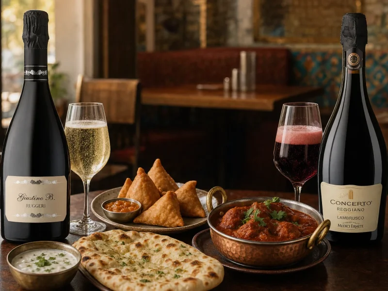 Ruggeri Giustino B. Prosecco and Medici Ermete Concerto Lambrusco beside samosas and a bowl of red curry