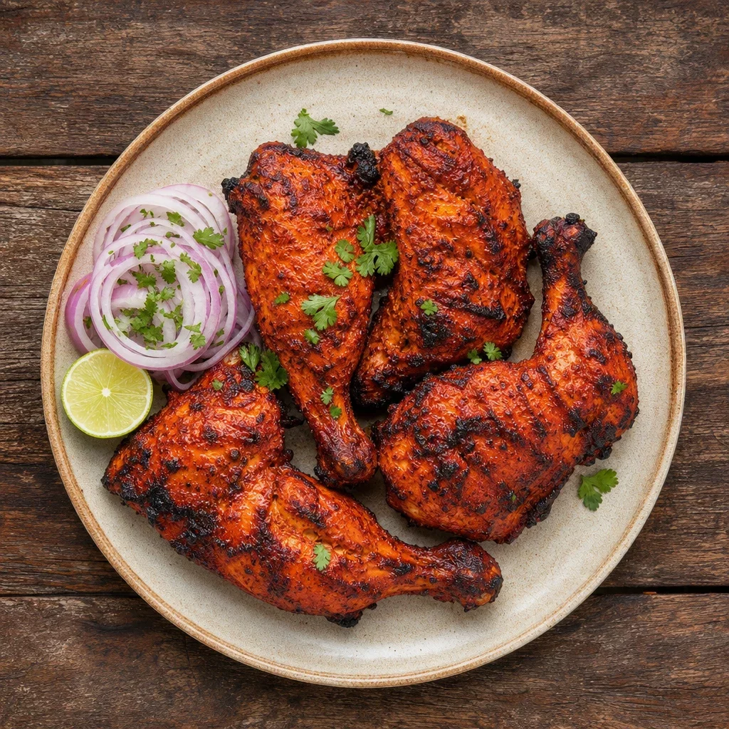 Indian Cuisine Tandoori & Kebabs featuring Tandoori chicken, overhead plated dish