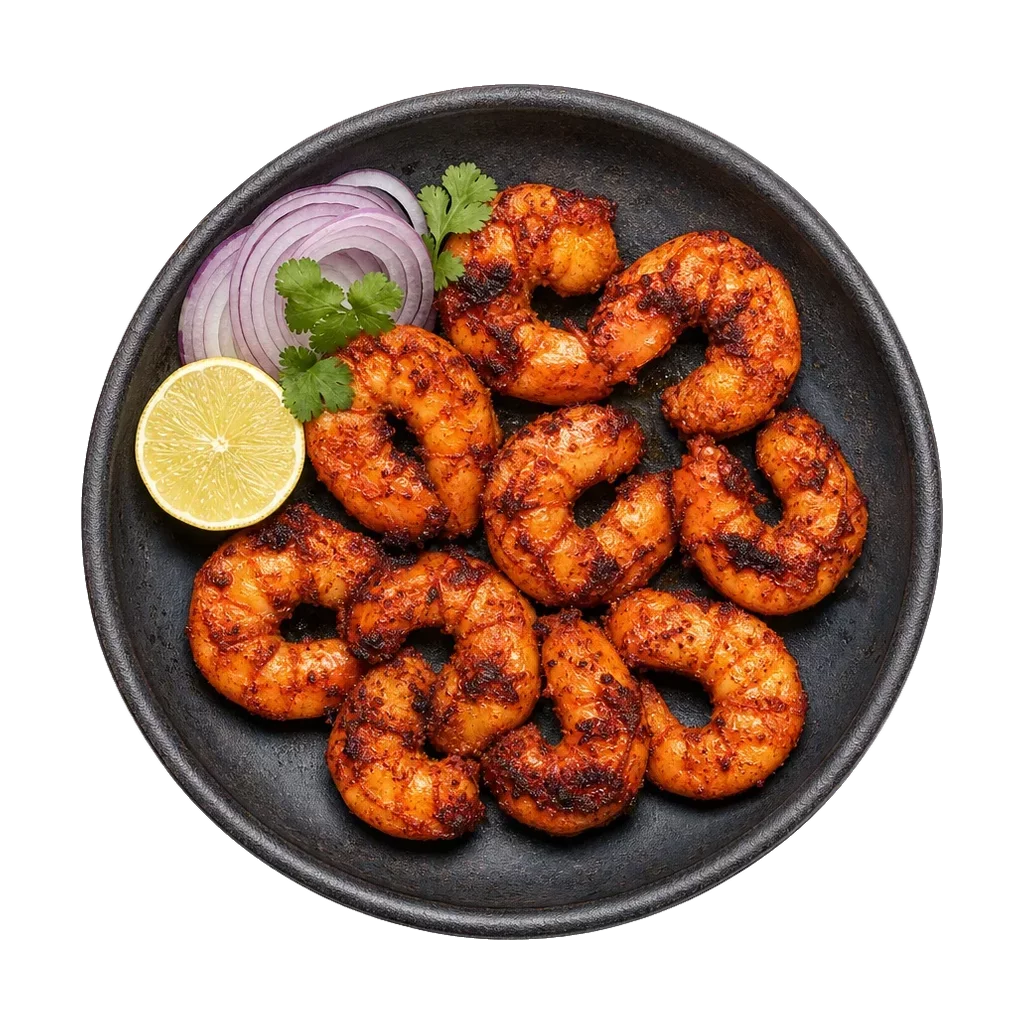 Tandoori prawns, plated