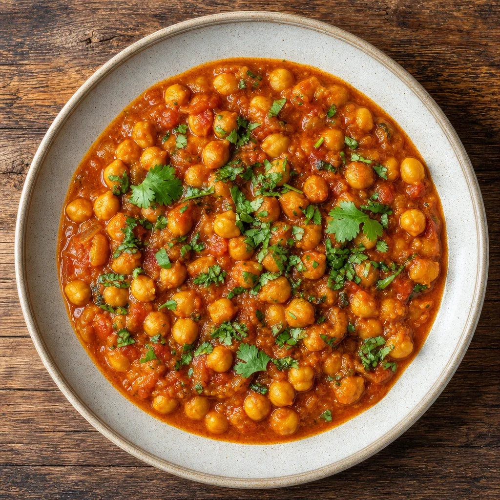 Indian Cuisine Vegetarian featuring Chickpea curry, overhead plated dish