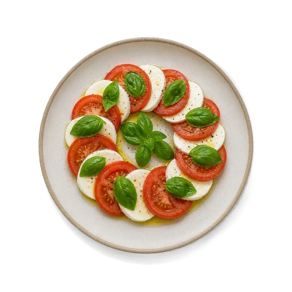 Insalata Caprese on stoneware bowl with Basil, mozzarella, Olive Oil
