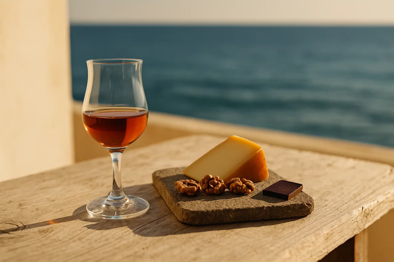 Amber Marsala dolce in a tulip glass with aged ragusano cheese, walnuts and dark chocolate on a Sicilian terrace