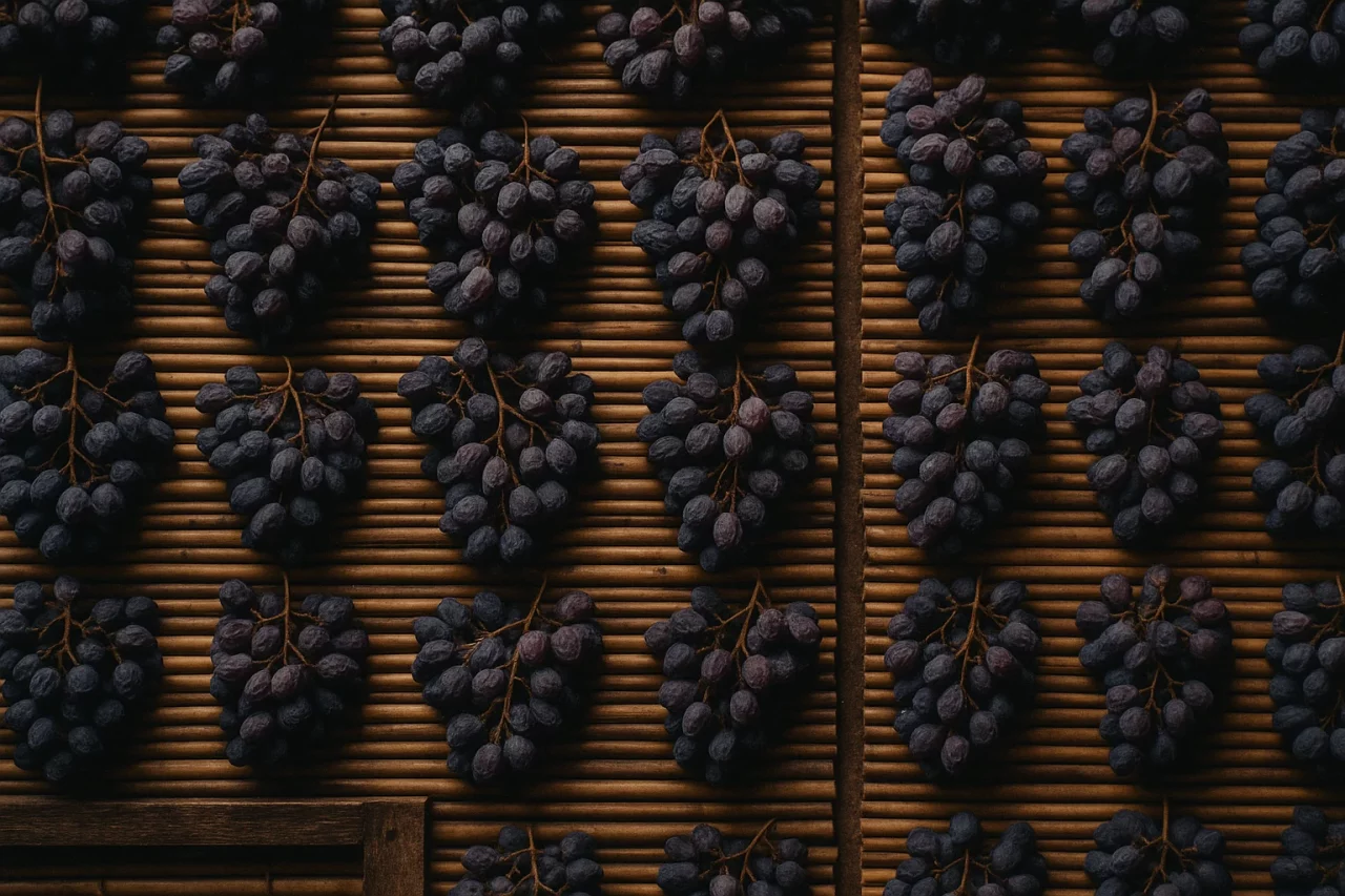 Corvina grapes wrinkling on traditional bamboo graticci mats during Valpolicella appassimento
