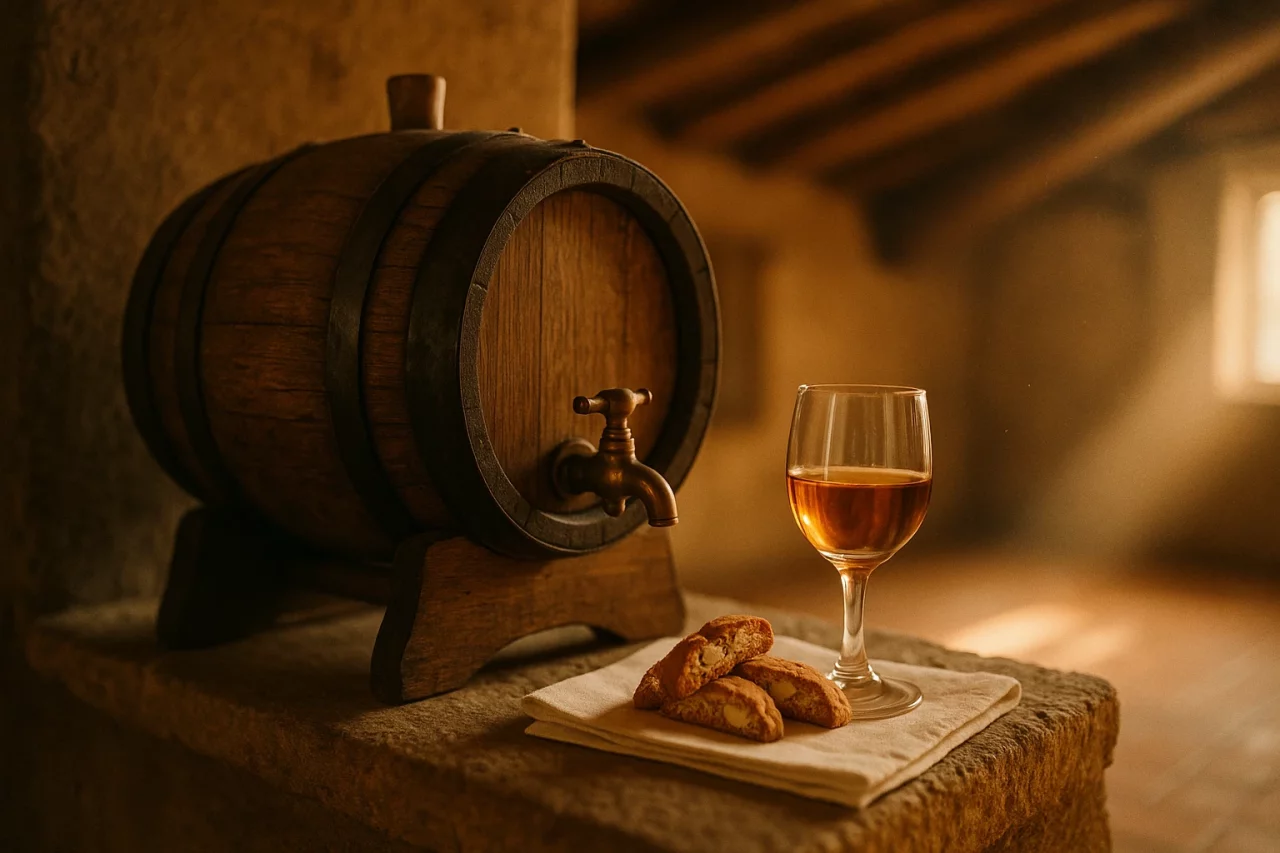 Vin Santo caratello cask with glass and cantucci biscotti in a Tuscan vinsantaia attic