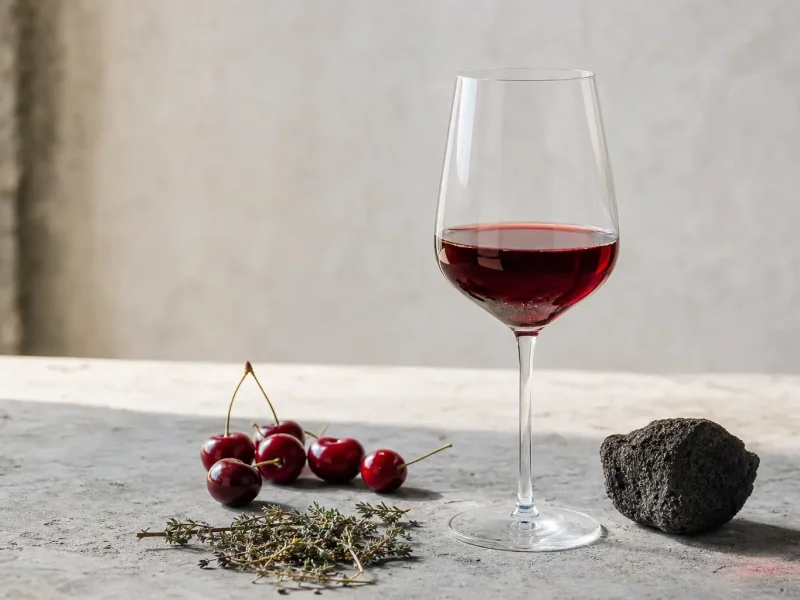 Translucent ruby wine with sour cherries, herbs and volcanic stone on a rustic table