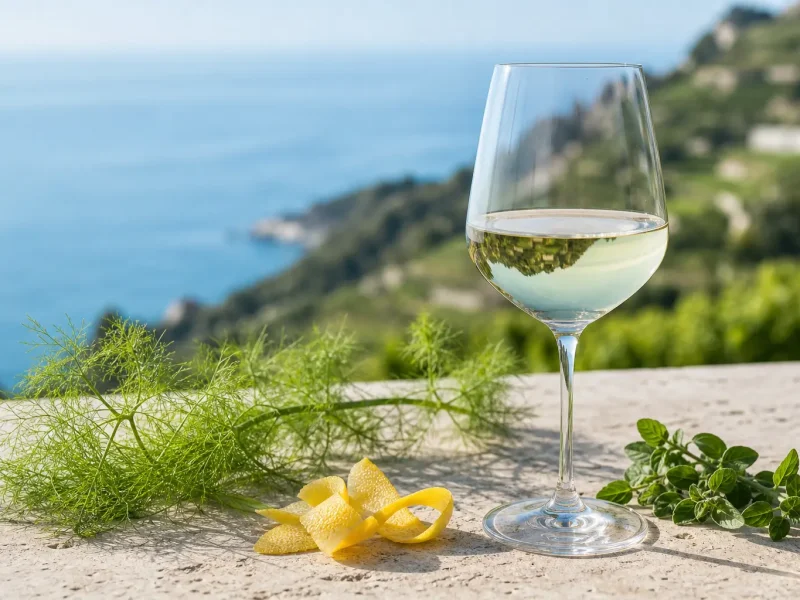 Pale white wine with lemon, fennel and herbs beside a coastal vineyard
