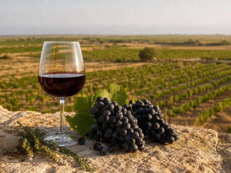 Deep ruby wine with black grapes and herbs overlooking a sunlit Puglian vineyard
