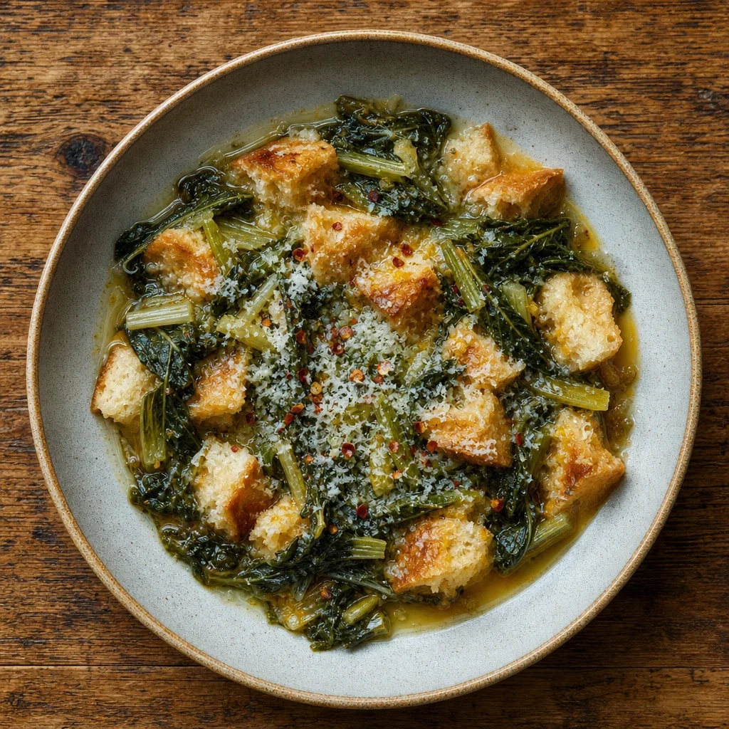 Italian Cuisine Soups featuring Pane Cotto, overhead plated dish