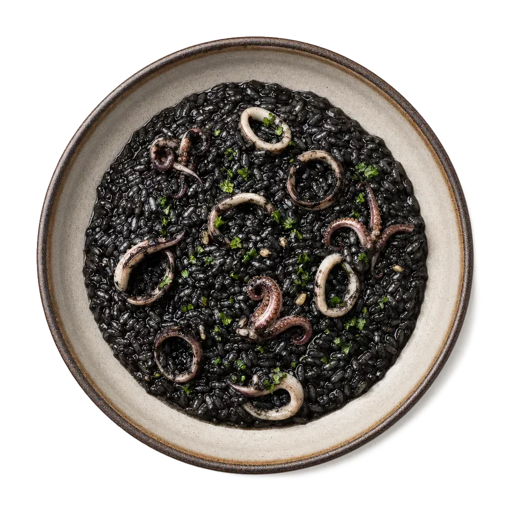 Squid ink risotto, plated