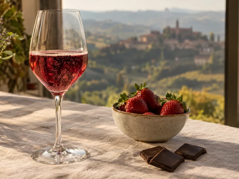 Pink Brachetto d'Acqui in a glass with strawberries and dark chocolate