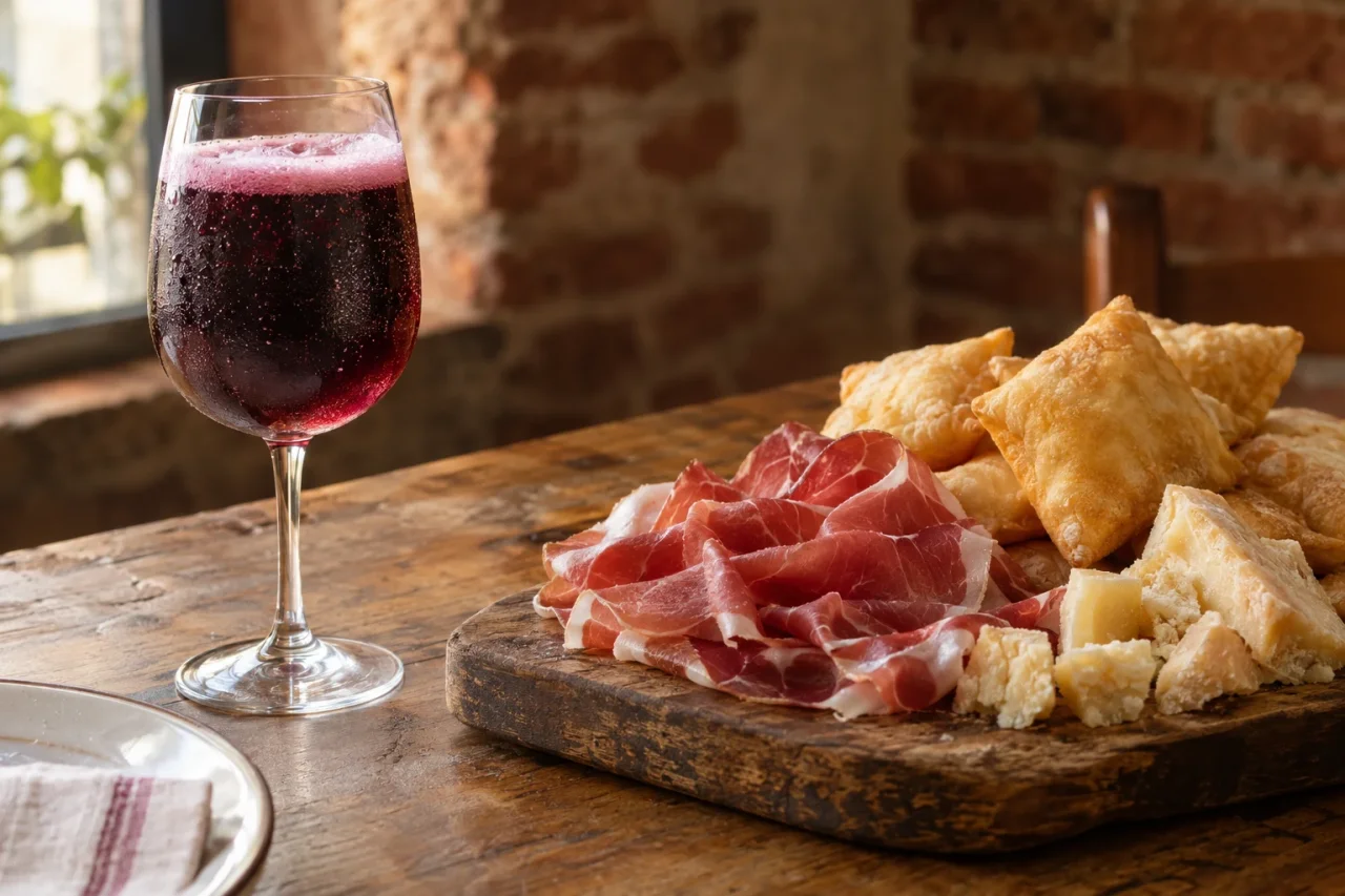 Chilled fizzy Lambrusco in a glass beside Parma ham, Parmigiano and gnocco fritto