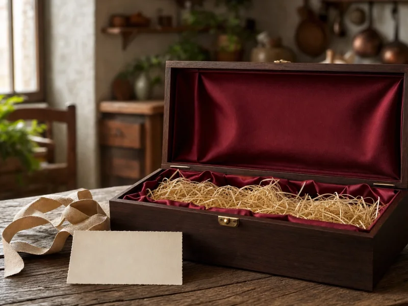 Wooden wine gift box with red silk lining, straw and a blank card