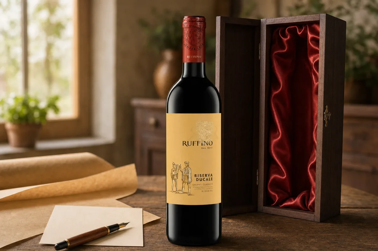 Vintage Chianti Classico beside a wooden gift box with red silk lining