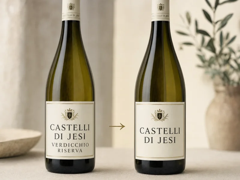 Two Verdicchio bottles showing the name change from Castelli di Jesi Verdicchio Riserva to Castelli di Jesi.