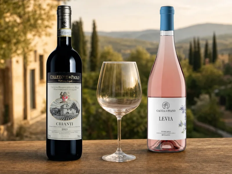 Collezione di Paolo Chianti beside Levia Toscana rosato with an empty glass