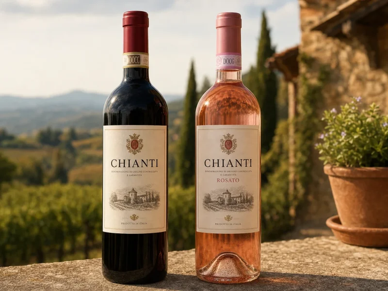 A red Chianti bottle beside a new pink Chianti Rosato, both labelled Chianti.