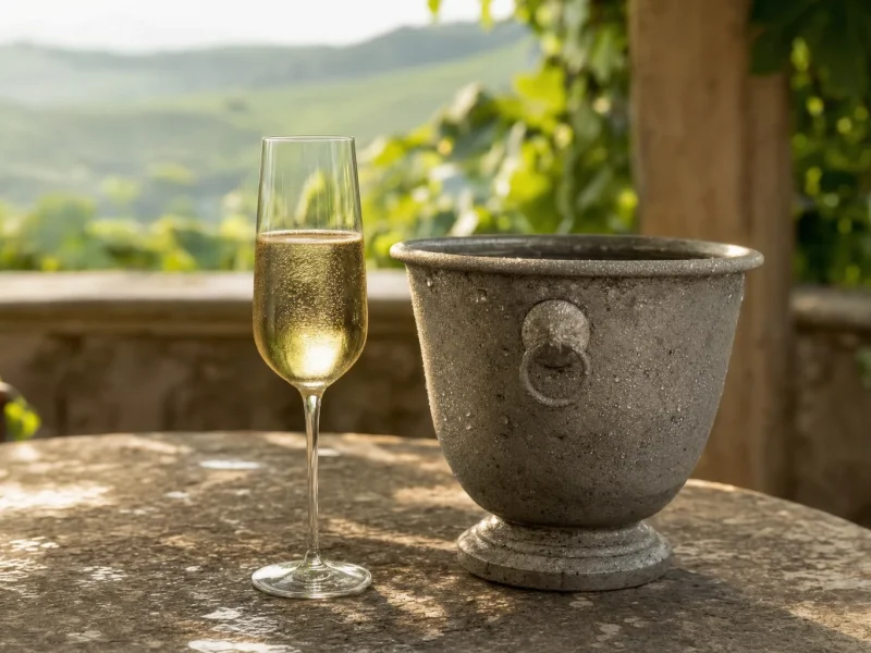 A flute of metodo classico sparkling beside a stone wine cooler on an Oltrepo terrace
