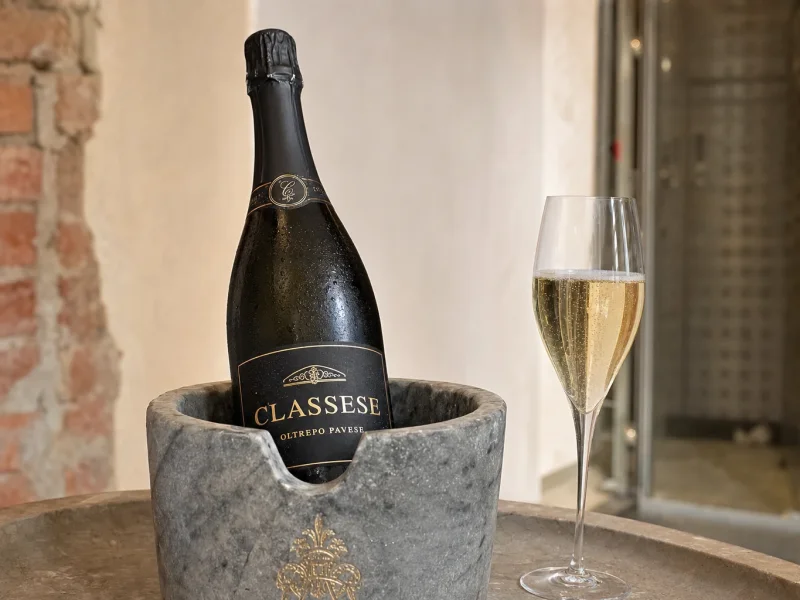 A sparkling wine bottle labelled Classese, Oltrepo Pavese, chilling in a stone cooler.