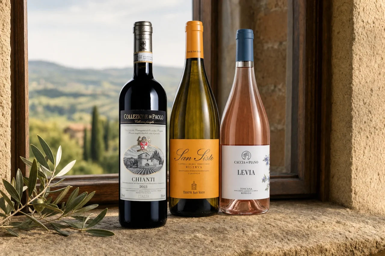 Collezione di Paolo Chianti, San Sisto Verdicchio Riserva and Levia rosato on a stone windowsill
