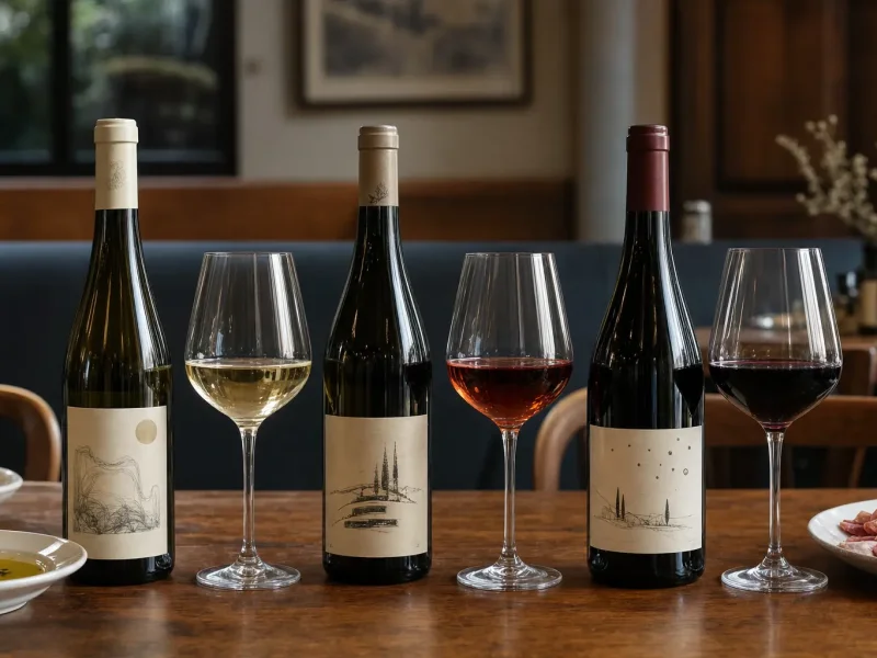 Three labelled Italian wine bottles with white and red wine glasses on a restaurant table