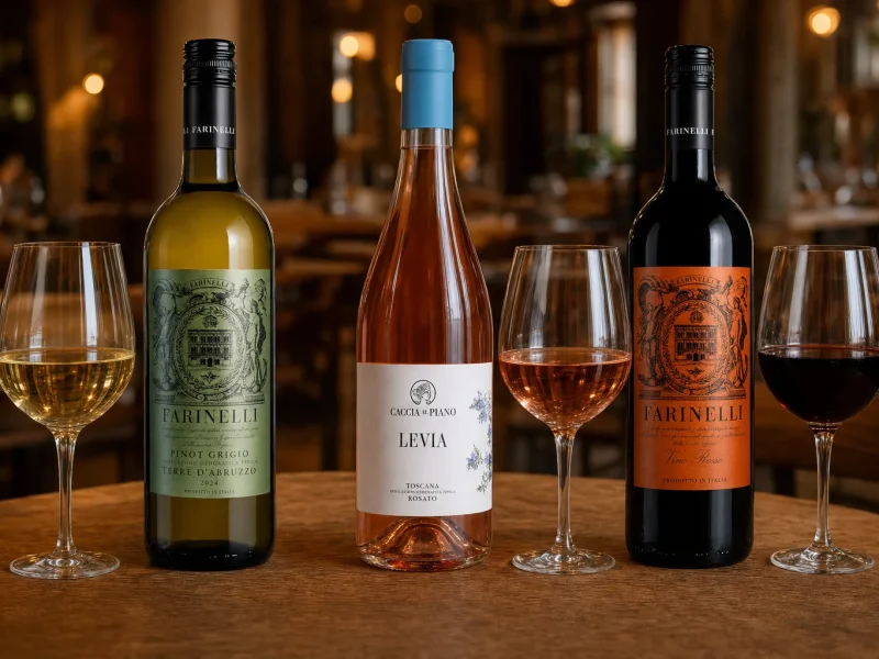 Farinelli Pinot Grigio, Levia Toscana rosato and Farinelli Rosso compared with glasses