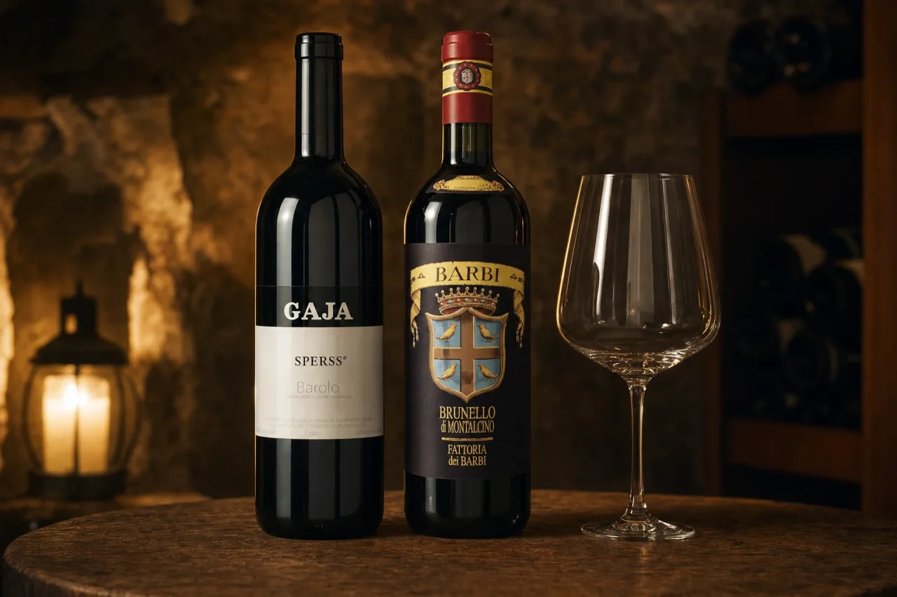 Mature Barolo and Brunello bottles resting on a cellar table in warm light