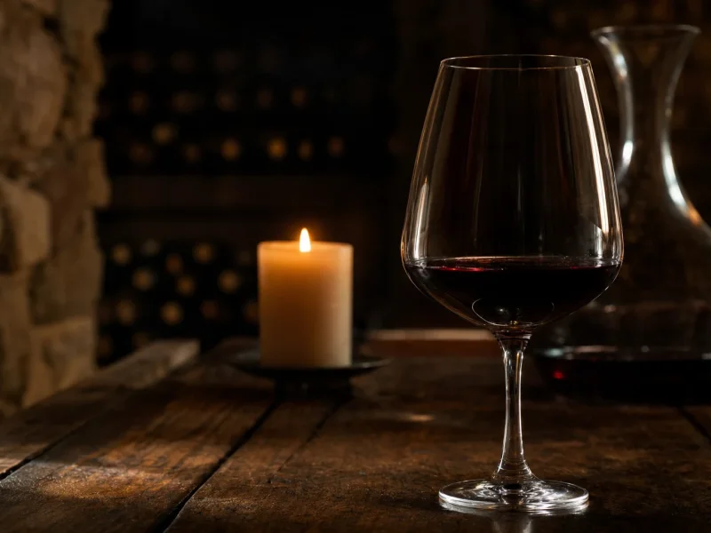 Glass of mature red wine beside a decanter in candlelight