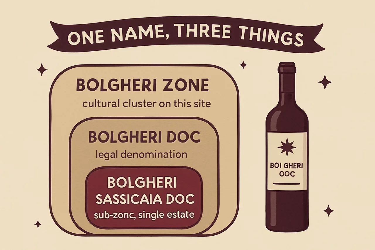 Three concentric rounded rectangles labelled outer to inner: Bolgheri zone, Bolgheri DOC, Bolgheri Sassicaia DOC, illustrating that the name Bolgheri refers to three nested concepts