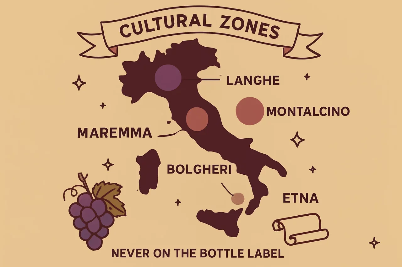 Map of Italy with five cultural wine zones highlighted as coloured halos: Maremma, Montalcino, Langhe, Bolgheri and Etna, none of which appear on a bottle label