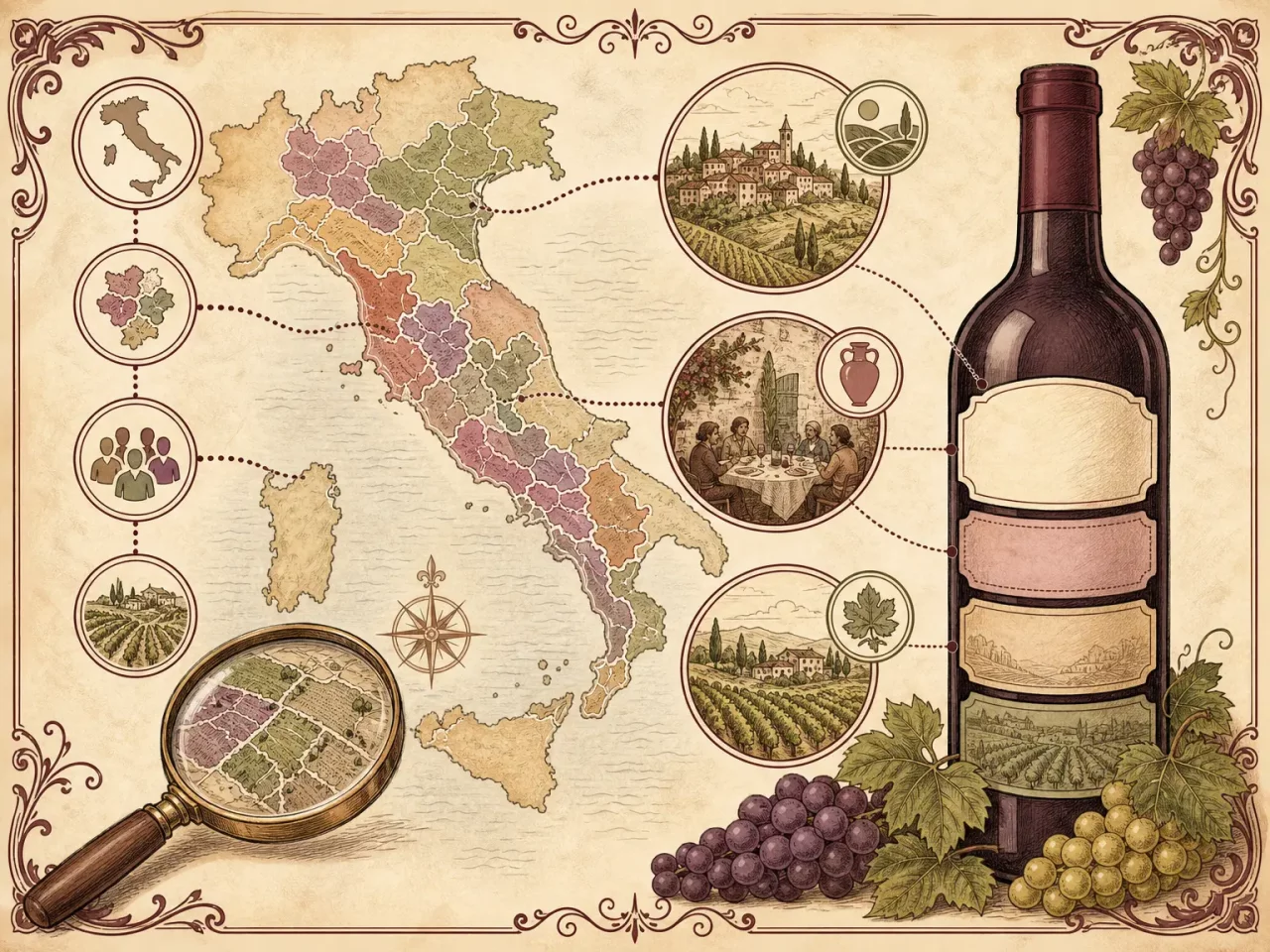 Hand-drawn Italian wine zones guide with regional map, layered label, magnifying glass, vineyards, and grapes