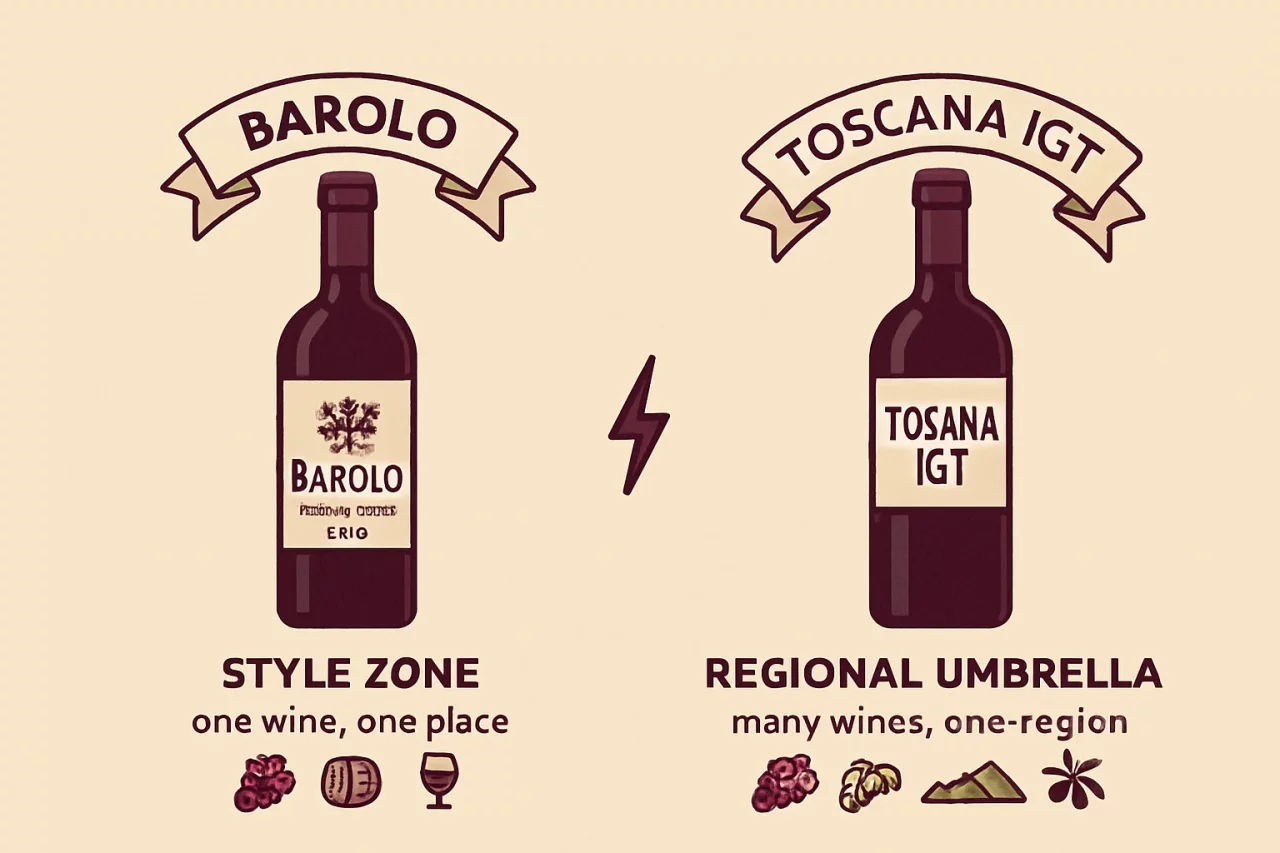 Two illustrated wine bottles compared side by side: Barolo DOCG as a single style zone versus Toscana IGT as a regional umbrella with multiple styles