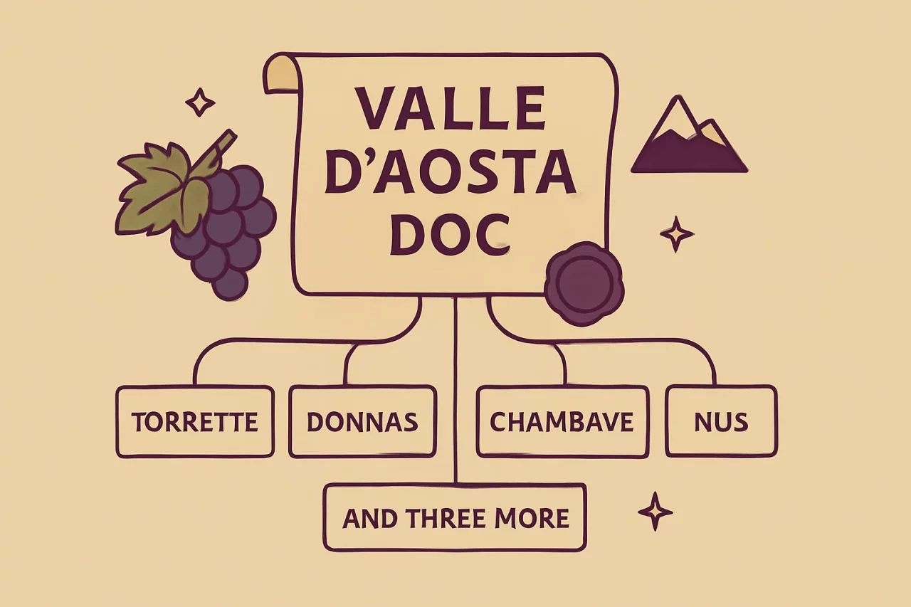 Diagram showing Valle d Aosta DOC as parent denomination at top with four named sub-zones branching beneath: Torrette, Donnas, Chambave, Nus, plus a tag indicating three more